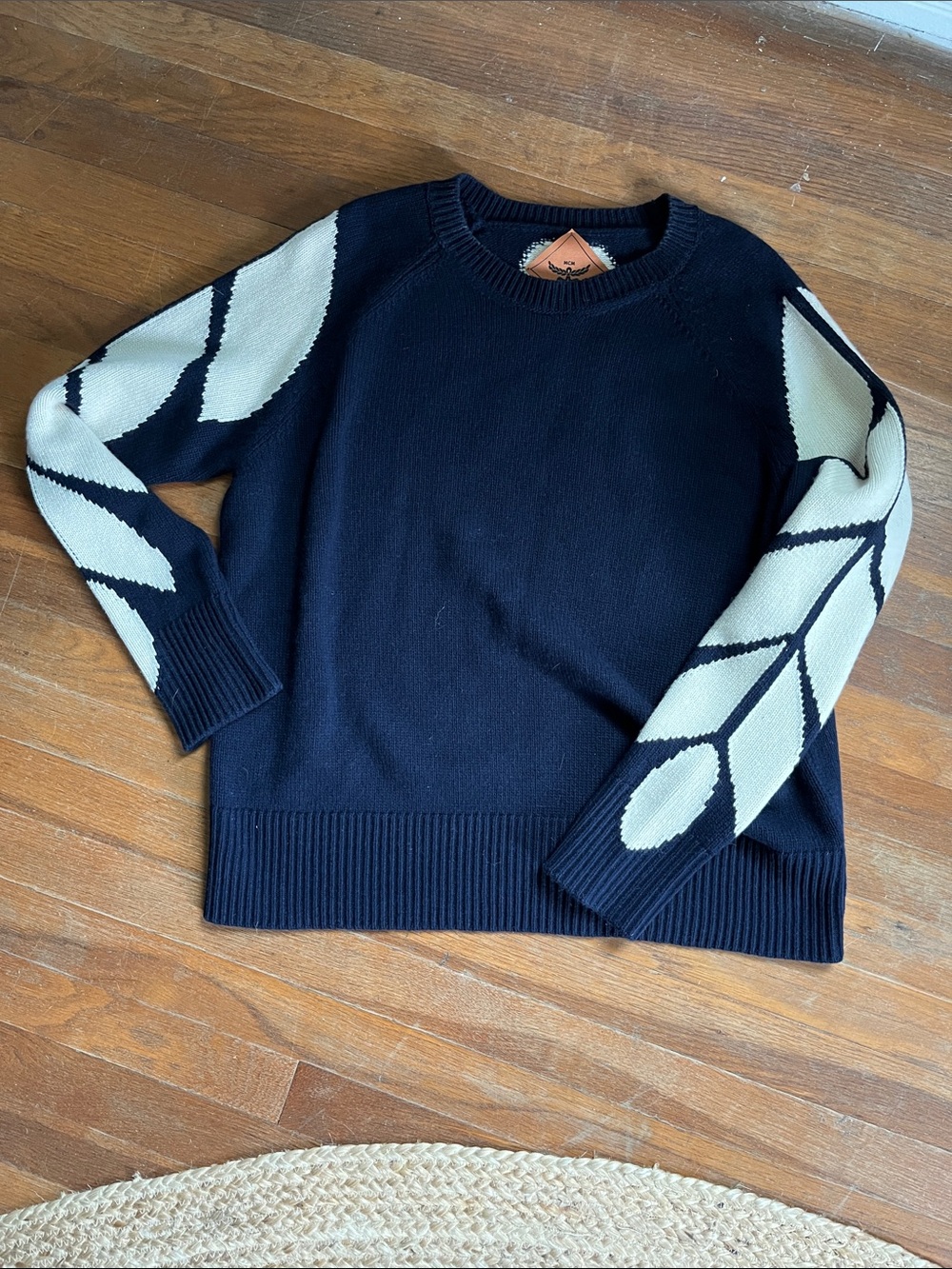 NWT MCM Navy Crewneck Sweater with Striped Sleeves cashmere/wool blend M unisex